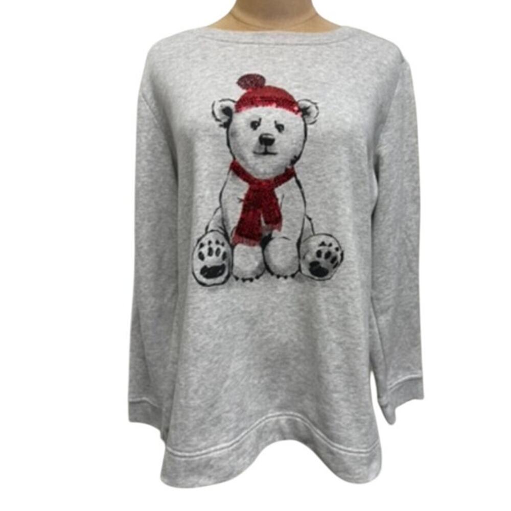 "Karen Scott Sport" Gray Christmas Sweater LG Polar Bear Graphic‎ SZ M Cute Warm
